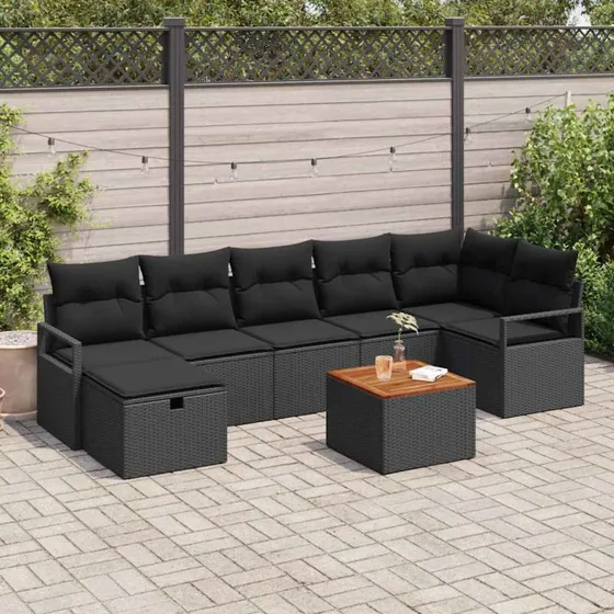 Havesofa sæt 8-dele i sort polyrattan med opbevaring
