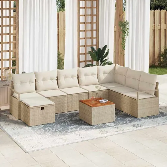 Havesofa sæt 9 dele beige poly rattan med opbevaring