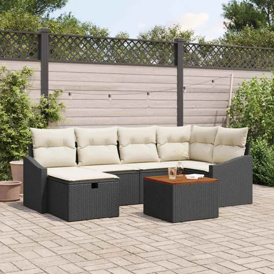 Havesofa sæt 7 dele i sort polyrattan med opbevaring