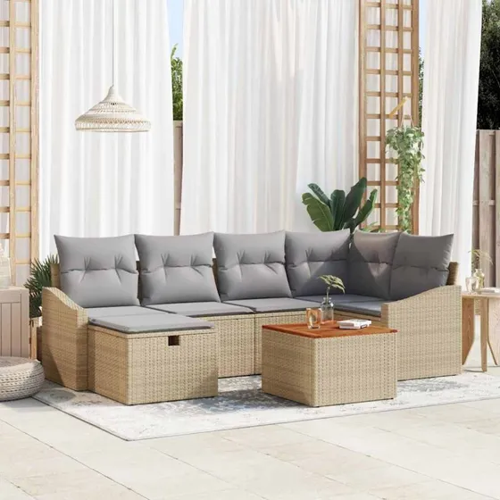 Havesofa sæt 7 dele i beige polyrattan med opbevaringspude