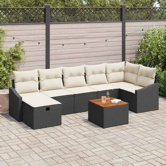 Havesofa sæt 8 dele Sort poly rattan med opbevaring