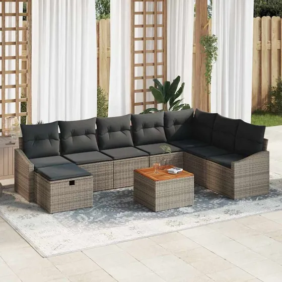 Havesofa sæt 9 dele med opbevaring – Grå polyrattan