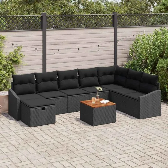 Havesofa sæt 9 dele i sort polyrattan med opbevaring