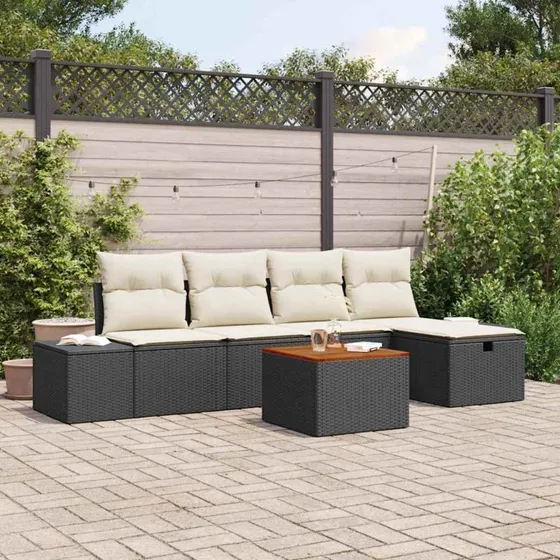 Havesofa Sæt 6 dele Sort poly rattan med opbevaring