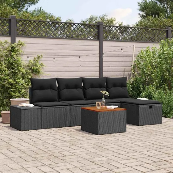 Havesofa sæt 6 dele i sort poly rattan med opbevaring