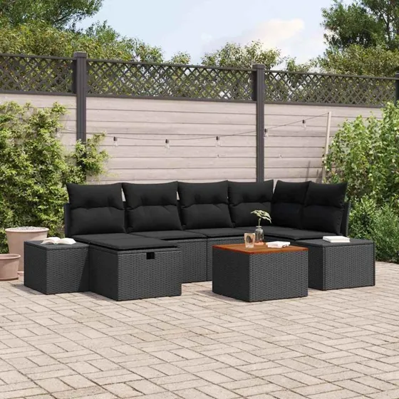 Havesofa sæt 7 dele i sort poly rattan med opbevaring