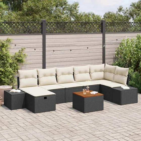 Havesofa sæt 8 dele i sort poly rattan med opbevaring