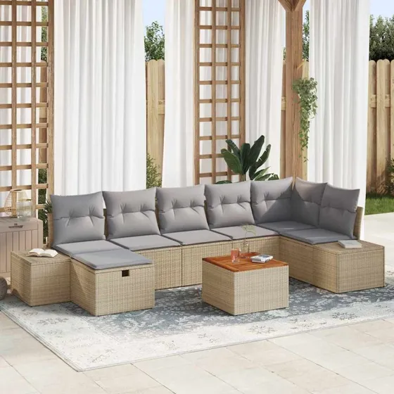 Havesofa sæt 8 dele i beige poly rattan med opbevaring