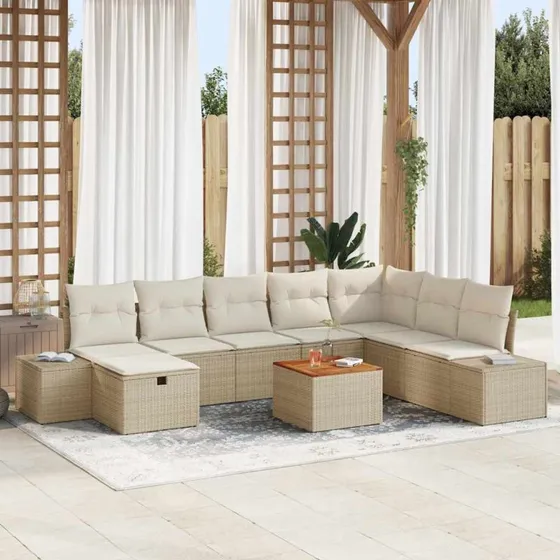 9-del havesofa sæt i beige polyrattan med opbevaring