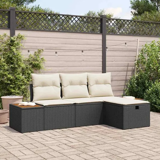 Havesofa sæt 4 stk sort polyrattan med puder og opbevaring