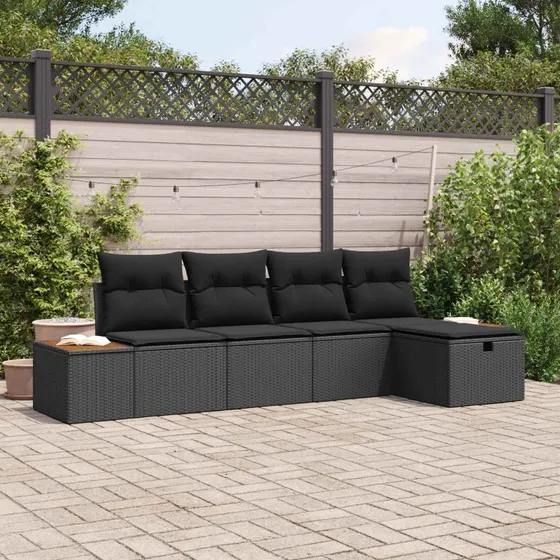 Modulær Havesofa 5-pers. Sort Poly-rattan med Puder