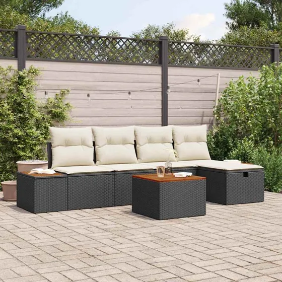 Havesofa modulært sæt 6-pcs sort polyrattan med puder