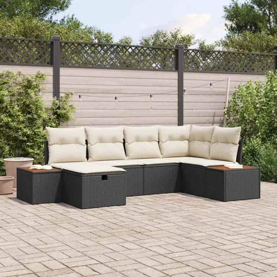 Modulært havesofa-sæt 6 stk, sort polyrattan m. pude & opbevaring