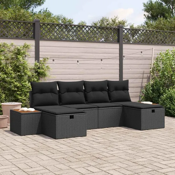 Havesofa sæt 6 dele i sort poly rattan med puder