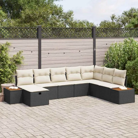 Havesofa sæt 8 dele i sort polyrattan med pudeopbevaring