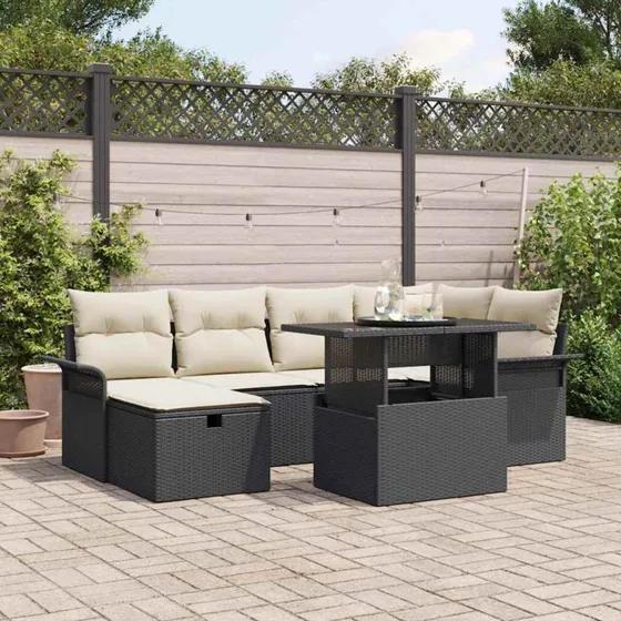 Modulært 7-pcs Havesofa Sæt i Sort Polyrattan med Opbevaring