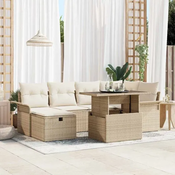 Modulært havesofa-sæt 7 dele – beige polyrattan m. opbevaring