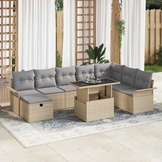 Havesofa sæt 9 dele beige poly rattan med opbevaring