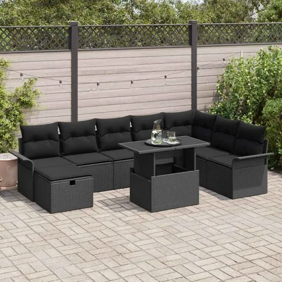 Havesofa sæt 9 dele i sort polyrattan med opbevaring