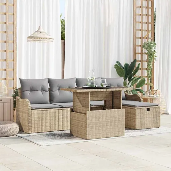 Modulært havesofa sæt 6 dele beige poly rattan med opbevaring