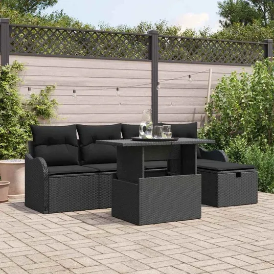 Modulært havesofa sæt 6 dele i sort polyrattan med opbevaring