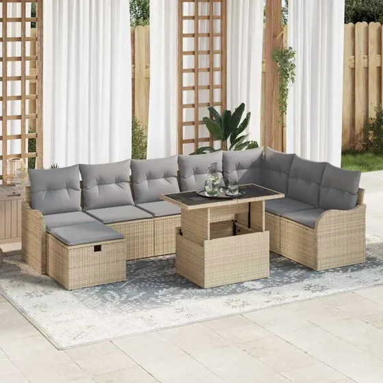 Havesofa sæt 9 dele i beige poly rattan med opbevaring