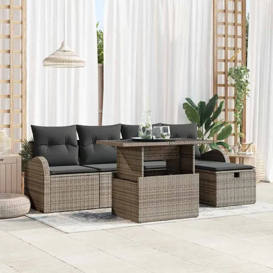 Havesofa sæt 6 dele i grå poly rattan med opbevaring