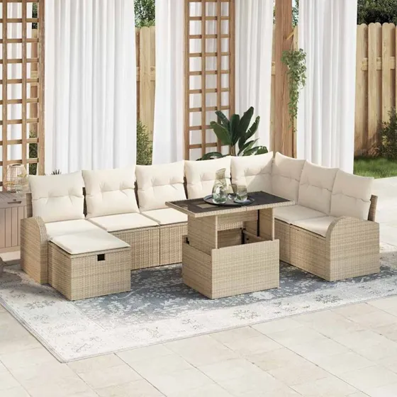 Modulært 9-del havesofa sæt i beige polyrattan med opbevaring