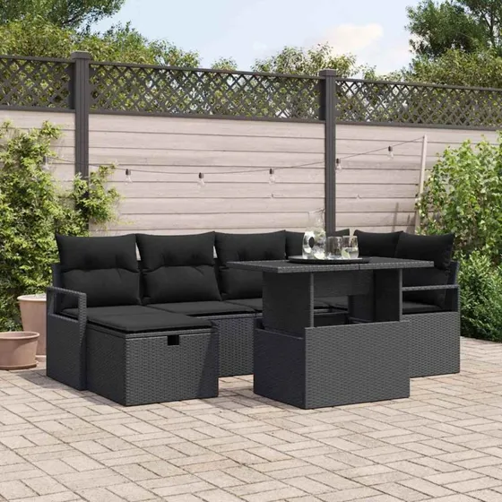Havesofa sæt 7 dele i sort poly rattan m. opbevaring