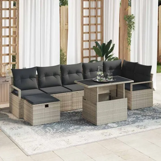 Havesofa sæt 8 dele med opbevaring, lysegrå poly rattan