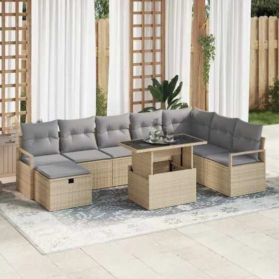 Havesofa sæt 9 dele med opbevaring - Beige poly rattan