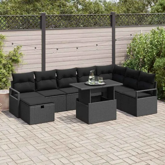 Modulært 9-pc havesofa sæt i sort poly rattan m. opbevaring
