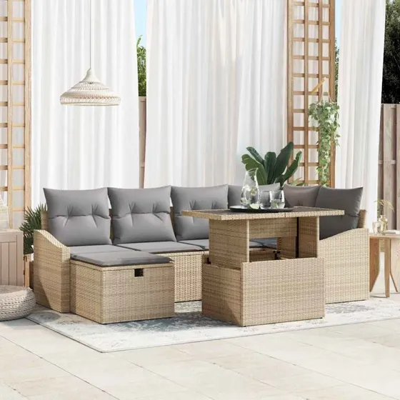 Modulært 7-del havesofa sæt i beige polyrattan