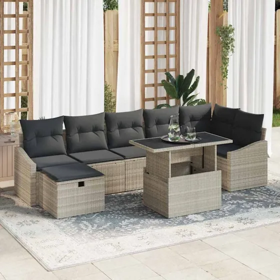 Havesofa sæt 8 dele – Lysegrå polyrattan