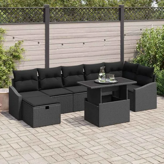 Havesofa sæt 8 dele i sort polyrattan