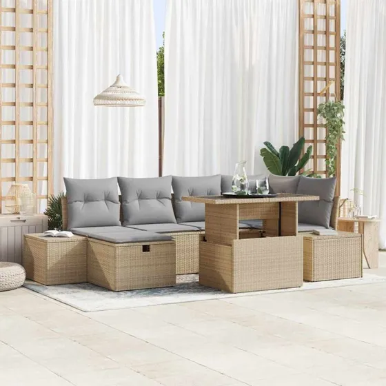 Havesofa Sæt 7 dele Beige polyrattan