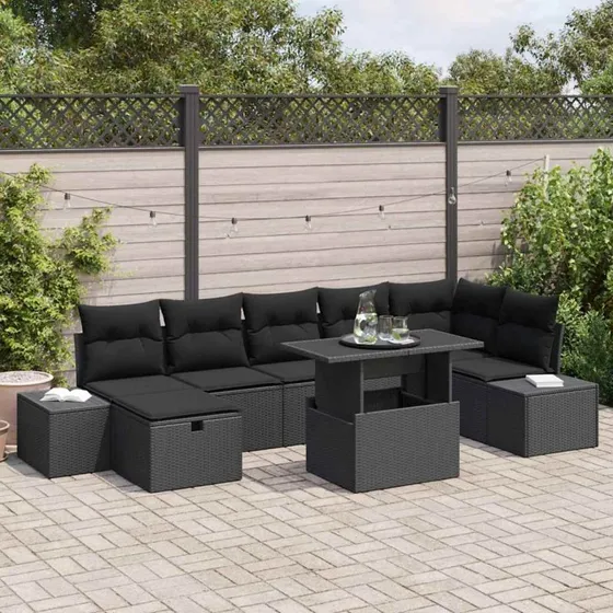 Havesofa sæt 8 dele i sort polyrattan