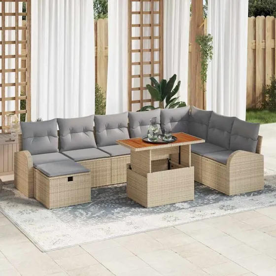 Havesofa sæt 9 dele i beige polyrattan