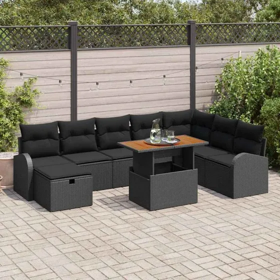 Havesofa sæt 9 dele i sort polyrattan