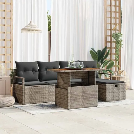 Havesofa sæt 6-pers. Grå polyrattan med akacietræ