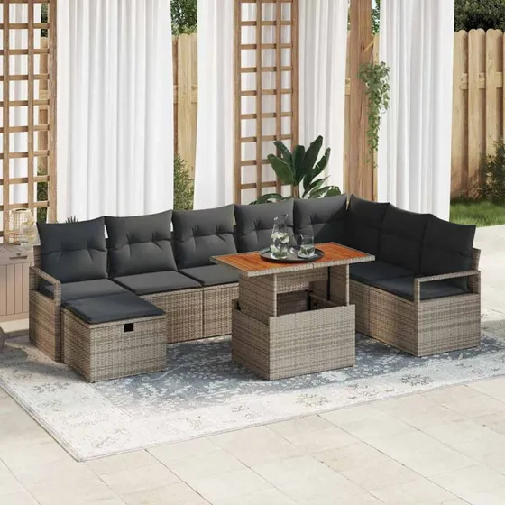 Havesofa sæt 9 dele i grå polyrattan og akacietræ