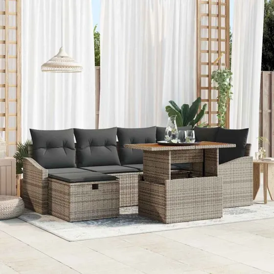 Havesofa sæt 7 dele i grå polyrattan og akacietræ