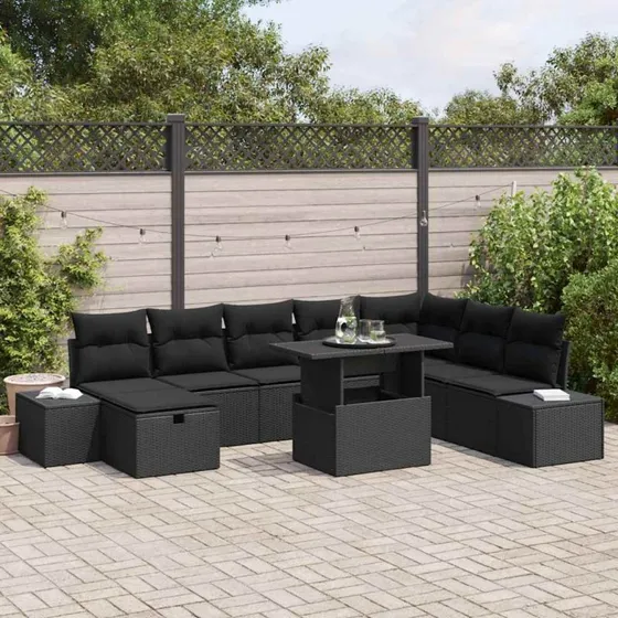 Havesofa sæt 9 dele – Sort polyrattan