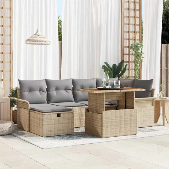 Havesofa Sæt 7-del Beige polyrattan med akacietræ