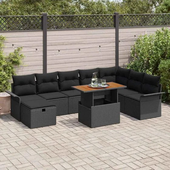 Havesofa sæt 9 dele i sort polyrattan