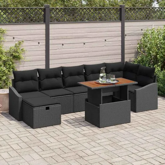 Havesofa sæt 8 dele i sort polyrattan