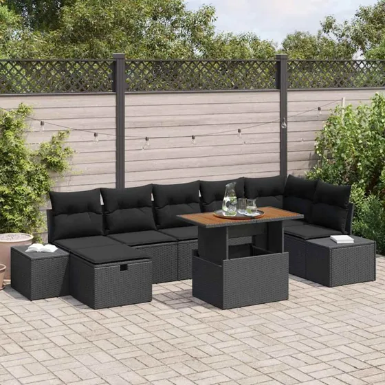 Havesofa Sæt 8-del Sort polyrattan med akacietræ