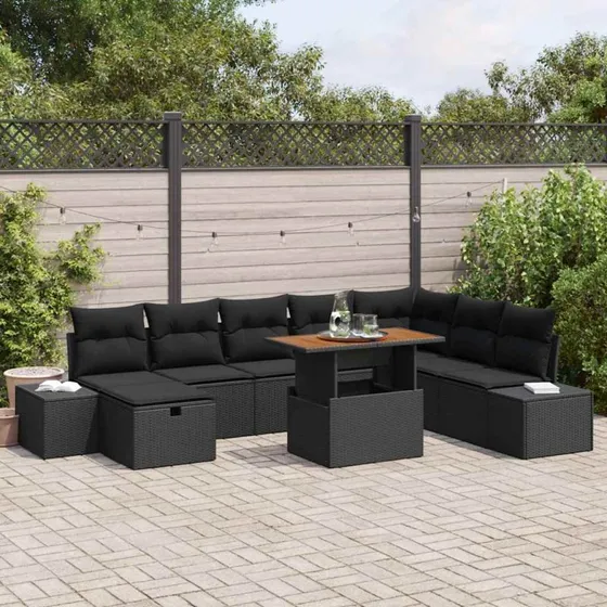 Modulært 9‑pcs havesofa sæt i sort poly rattan