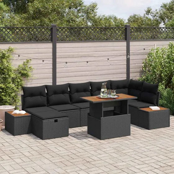 Havesofa sæt 8 dele i sort polyrattan