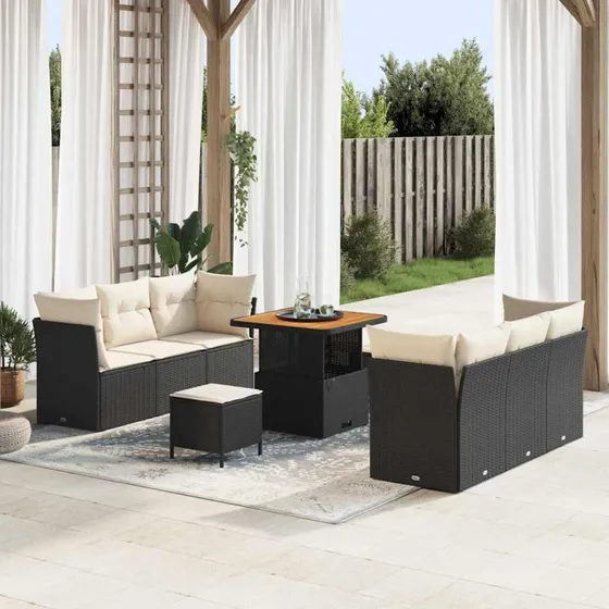 Havesofa sæt 9 dele i sort polyrattan med puder